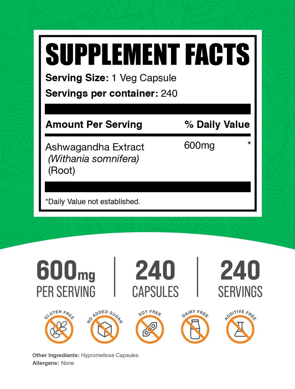 BulkSupplements Ashwagandha root extract bottle front view highlighting vegan capsules.