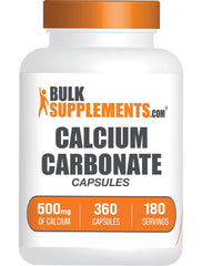 BulkSupplements Calcium Carbonate Capsules bottle front with 500 mg per serving for daily supplementation.