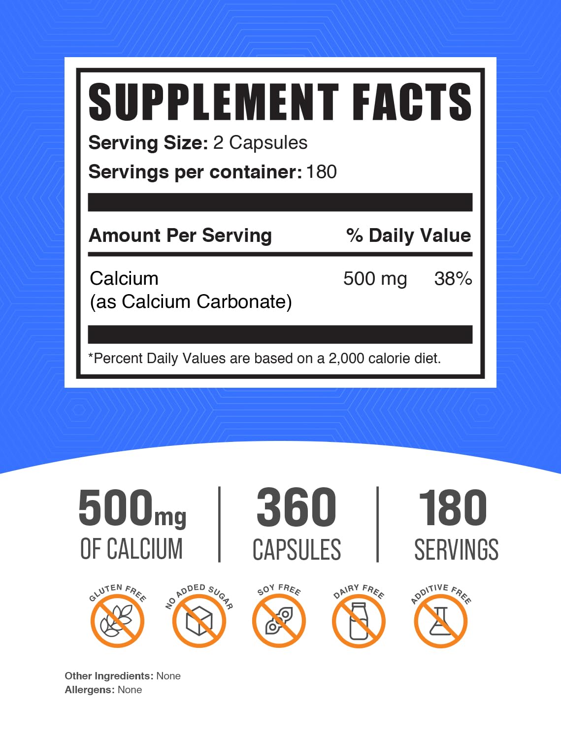 BulkSupplements Calcium Carbonate Capsules bottle displays nutrition facts for informed daily choices.