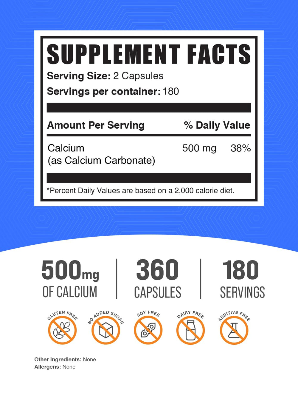 BulkSupplements Calcium Carbonate Capsules bottle displays nutrition facts for informed daily choices.