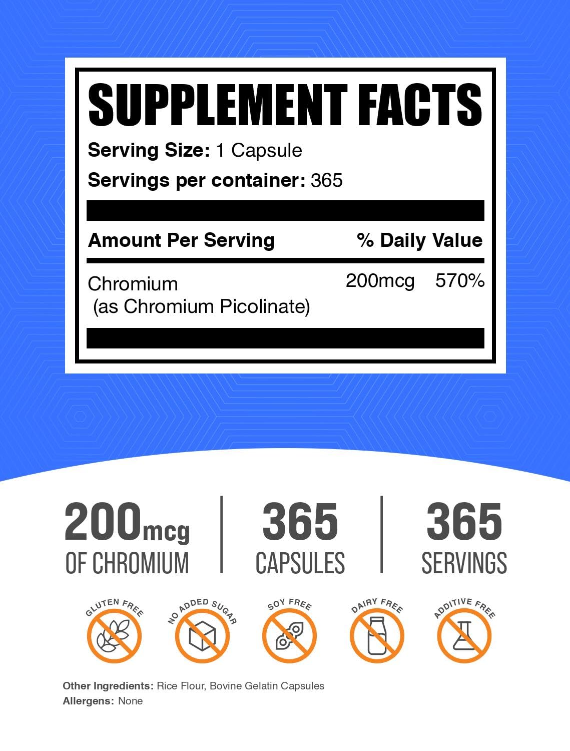 BulkSupplements chromium picolinate bottle back label shows dosage details