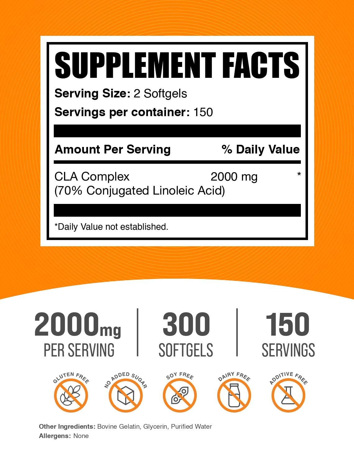 BulkSupplements CLA softgels pour showing convenient two-capsule serving
