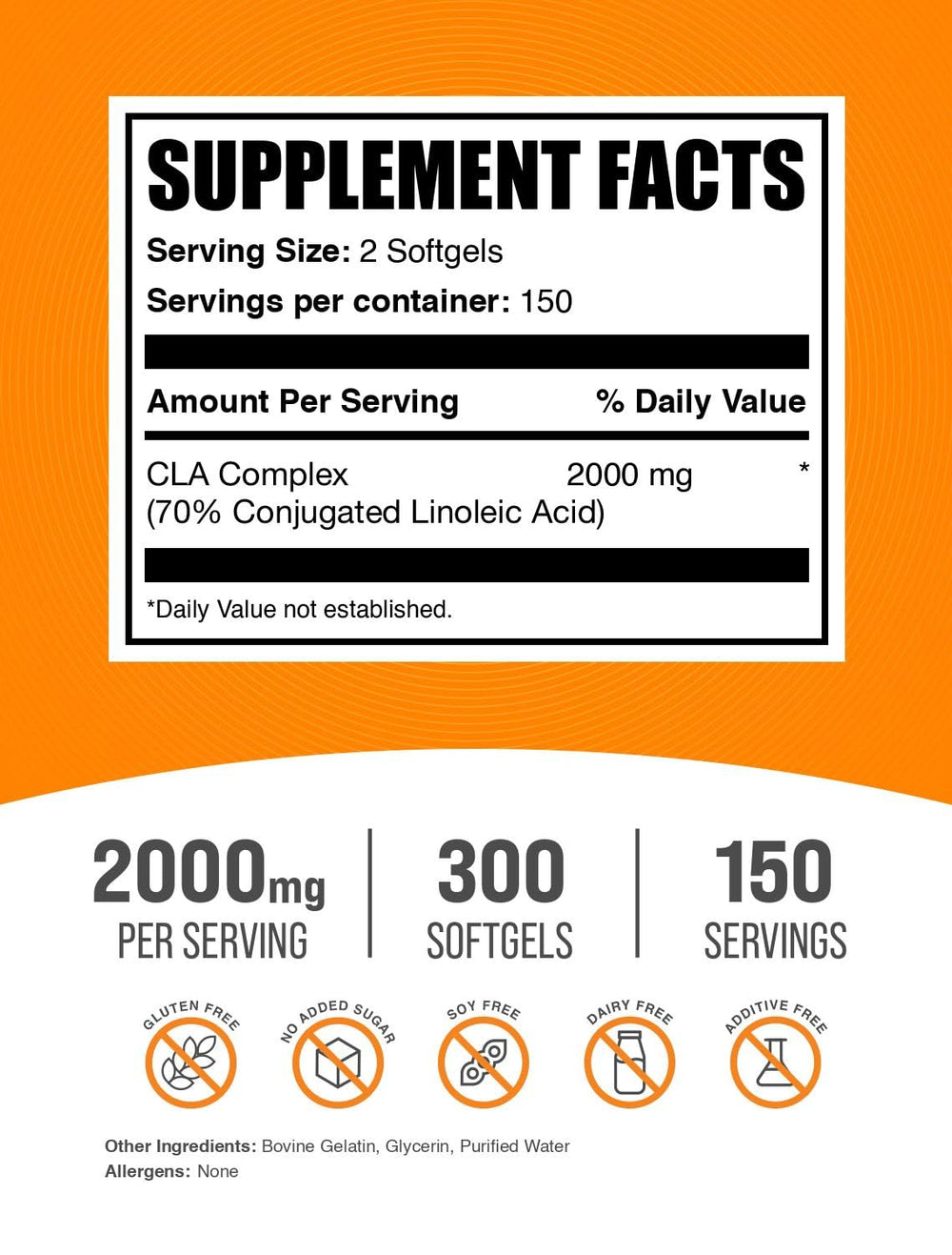 BulkSupplements CLA softgels pour showing convenient two-capsule serving