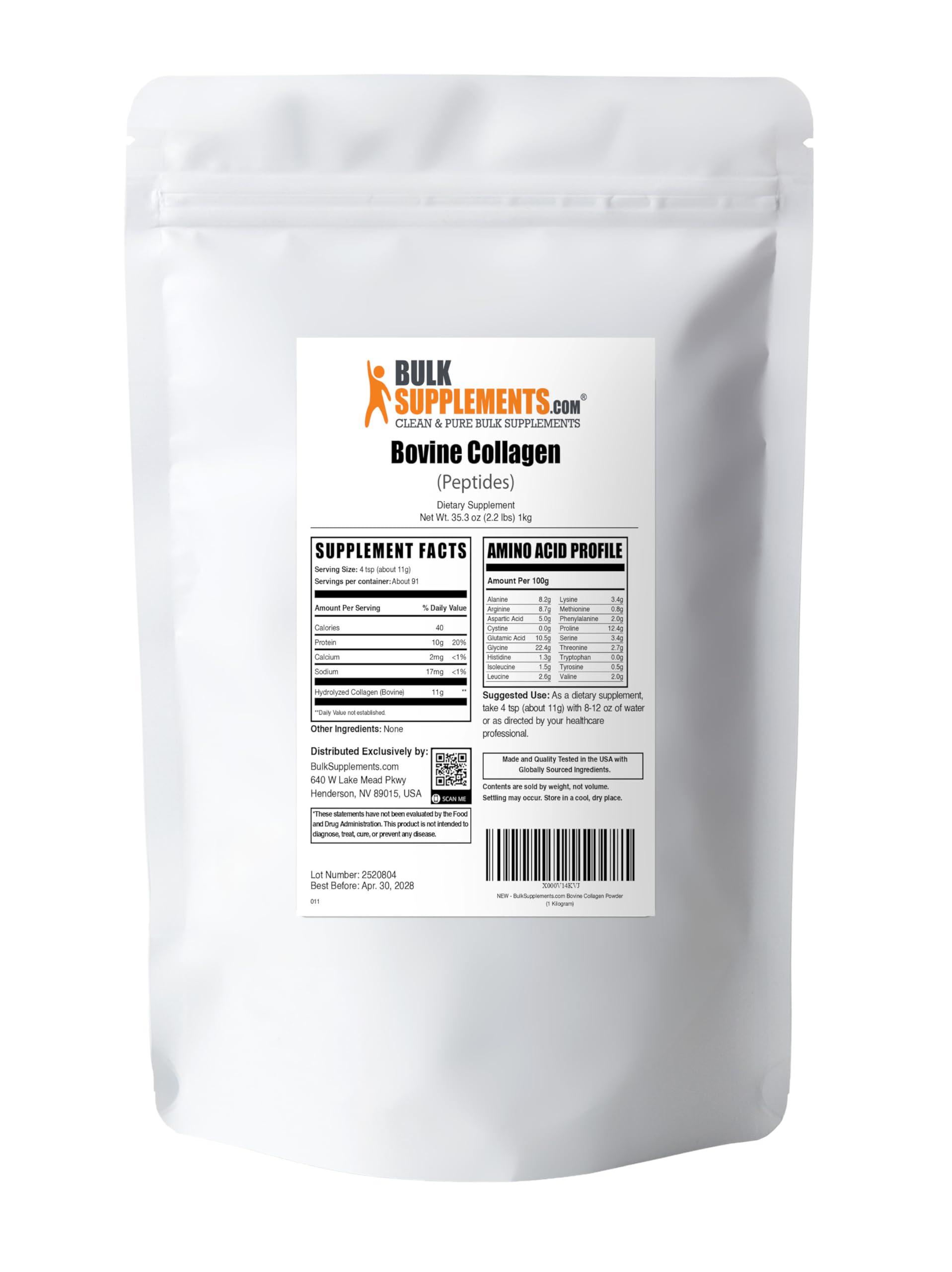 BulkSupplements Collagen Peptides Powder close-up on transparent ingredient list