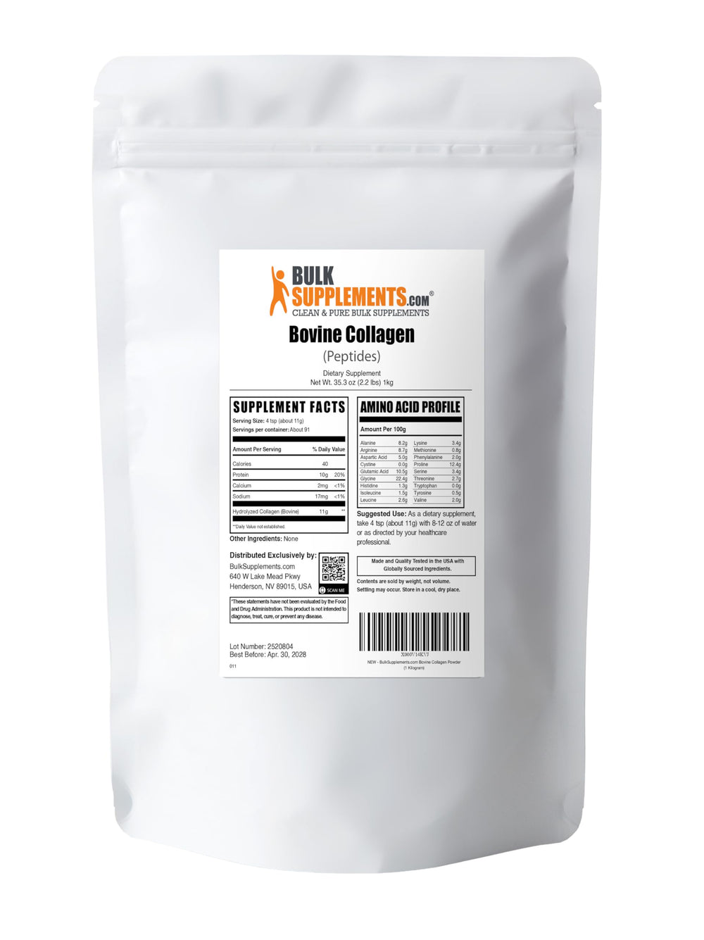 BulkSupplements Collagen Peptides Powder close-up on transparent ingredient list