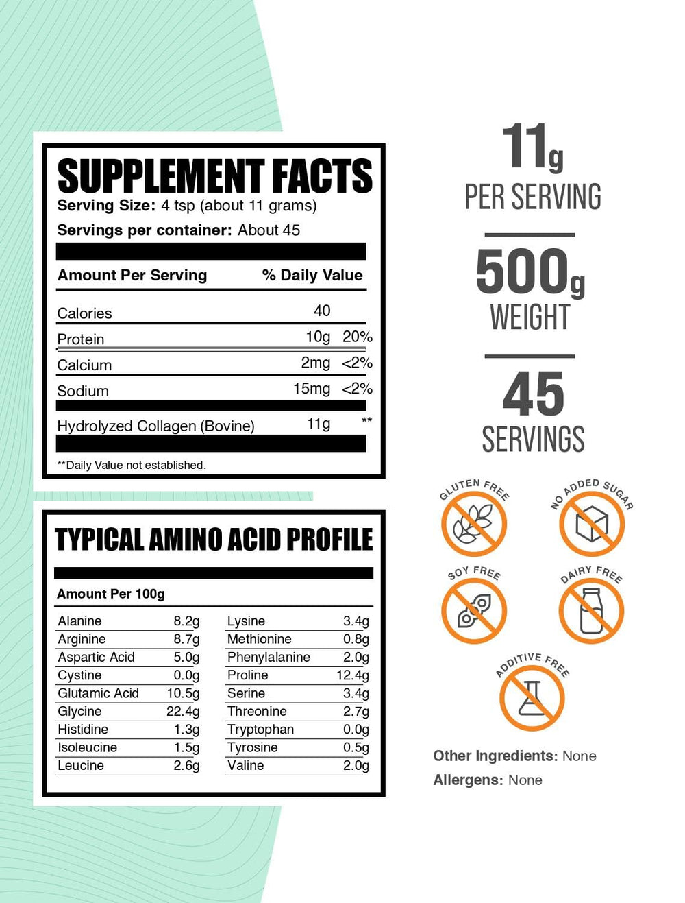 BulkSupplements Collagen Peptides Powder science label shows hydrolyzed bovine collagen.