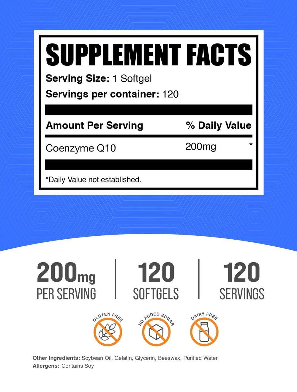 CoQ10 softgels label highlights third-party testing and gluten-free formulation.