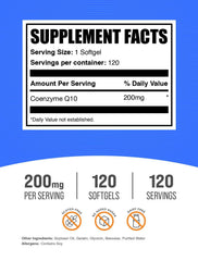 CoQ10 softgels label highlights third-party testing and gluten-free formulation.