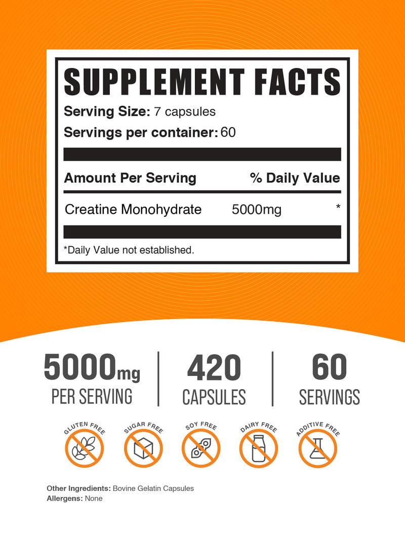 BulkSupplements Creatine Monohydrate capsules close-up shows 7-capsule serving