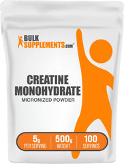 BulkSupplements Creatine Monohydrate powder tub side view, supports training energy and consistency