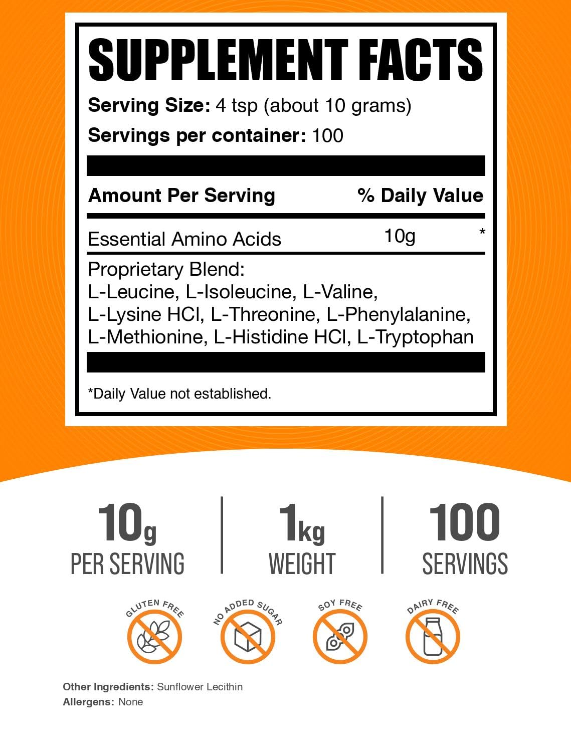 BulkSupplements essential amino acids scoop shows exact 10 g serving guidance