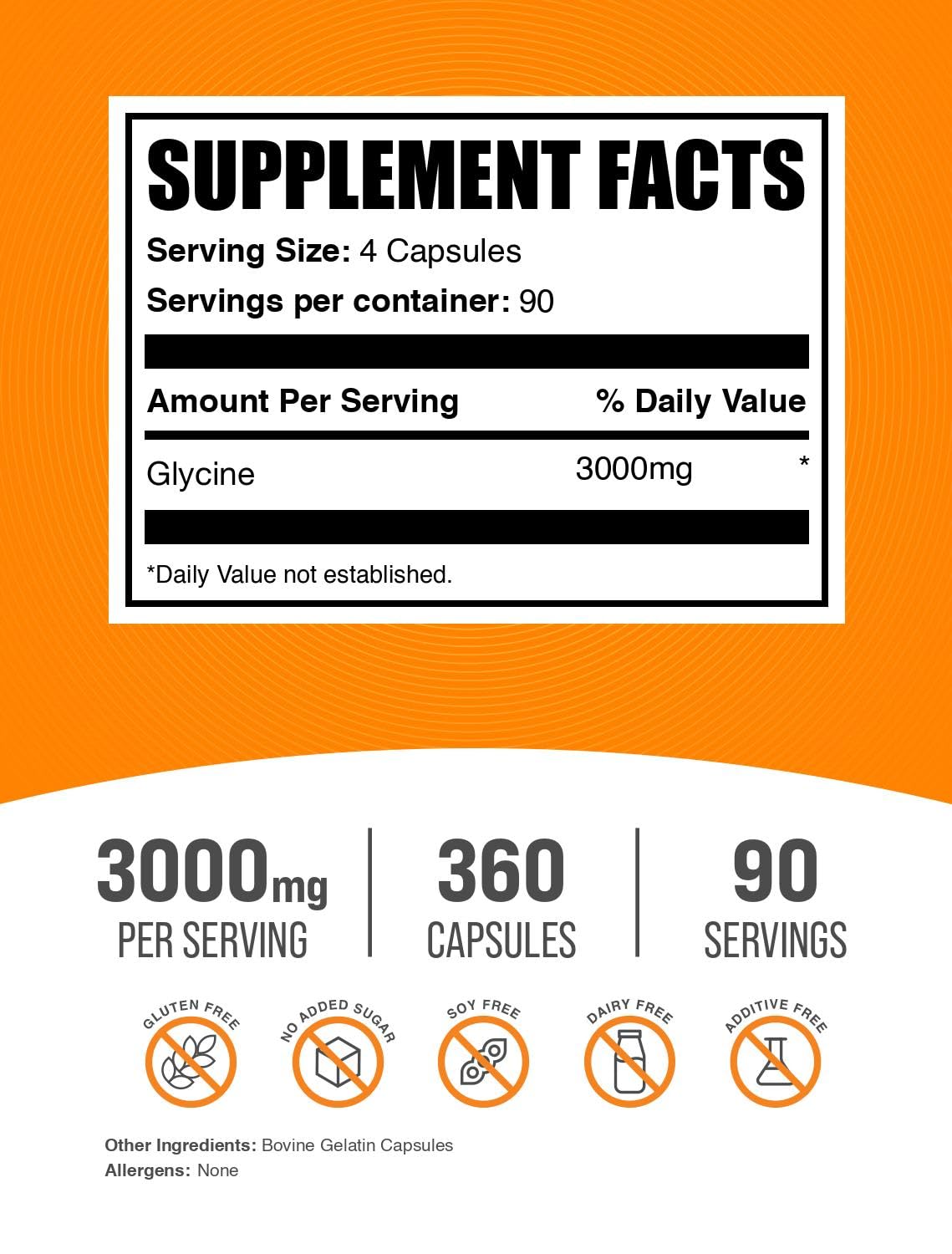 BulkSupplements Glycine Capsules package front highlighting gluten-free formula