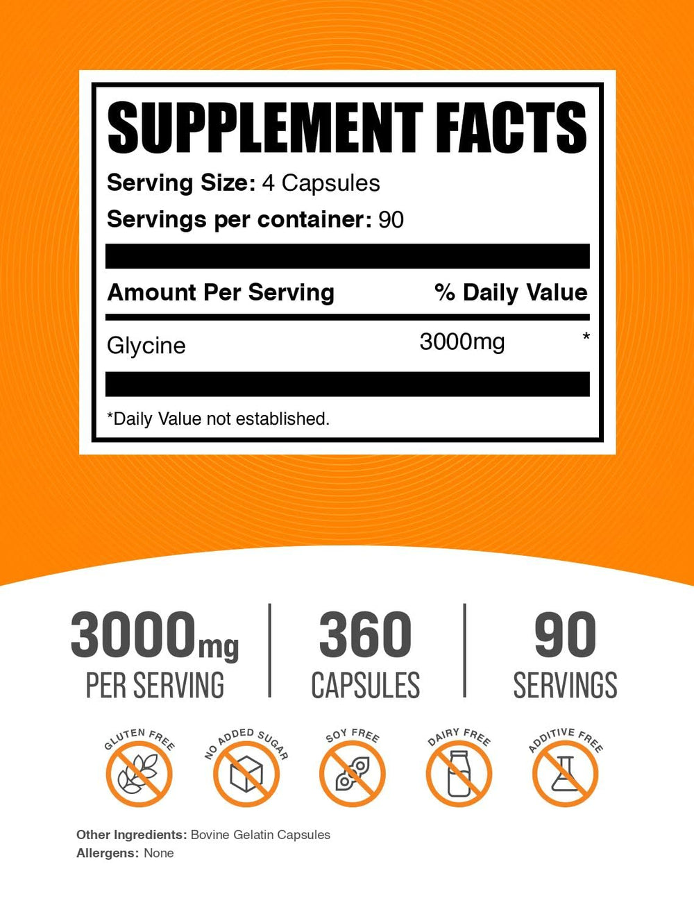 BulkSupplements Glycine Capsules package front highlighting gluten-free formula