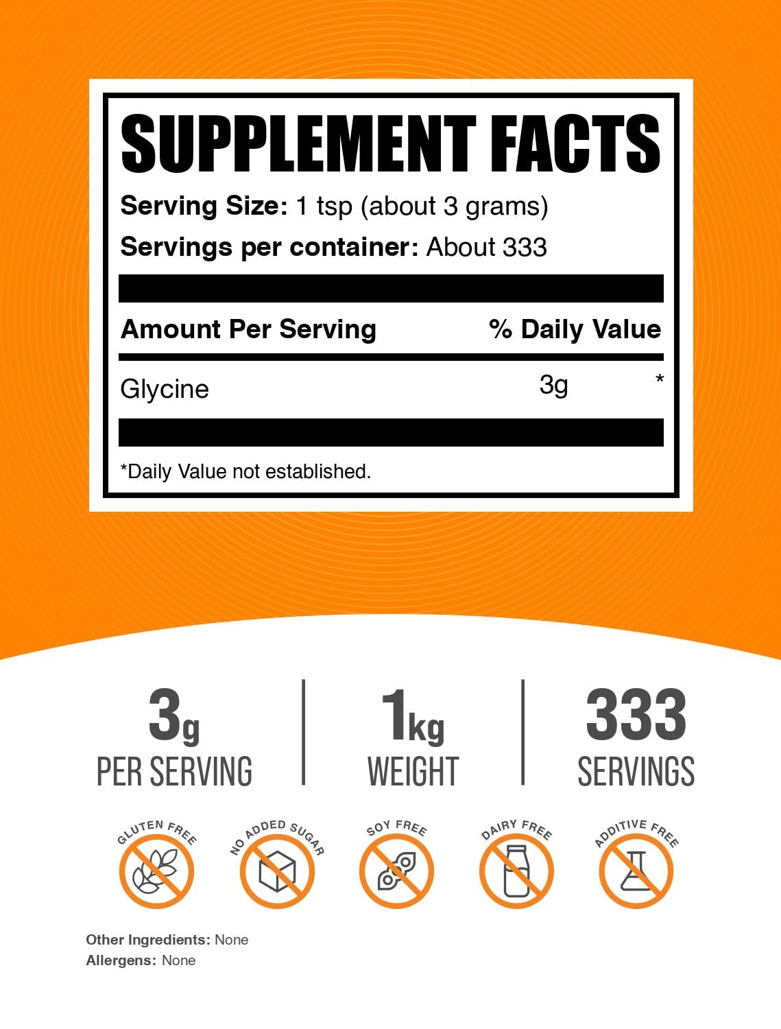 BulkSupplements Glycine powder scoop beside canister enables precise 3g servings.