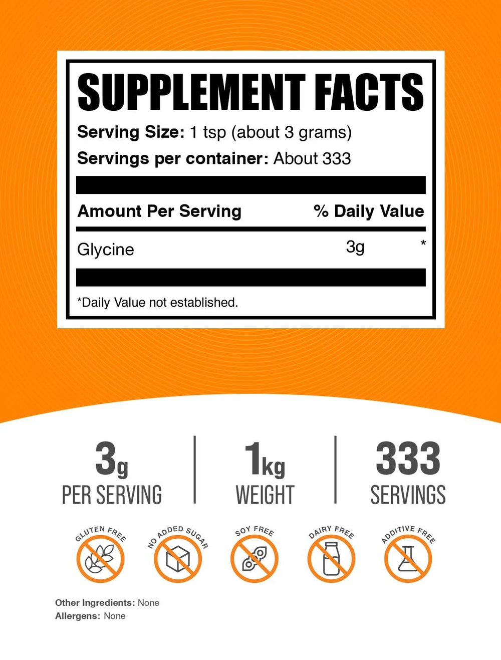 BulkSupplements Glycine powder scoop beside canister enables precise 3g servings.
