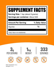BulkSupplements Glycine powder scoop beside canister enables precise 3g servings.