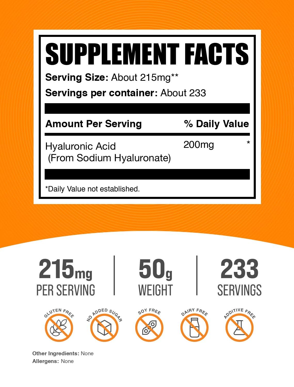 BulkSupplements Hyaluronic Acid Powder container front showing 50 g size for flexible daily dosing