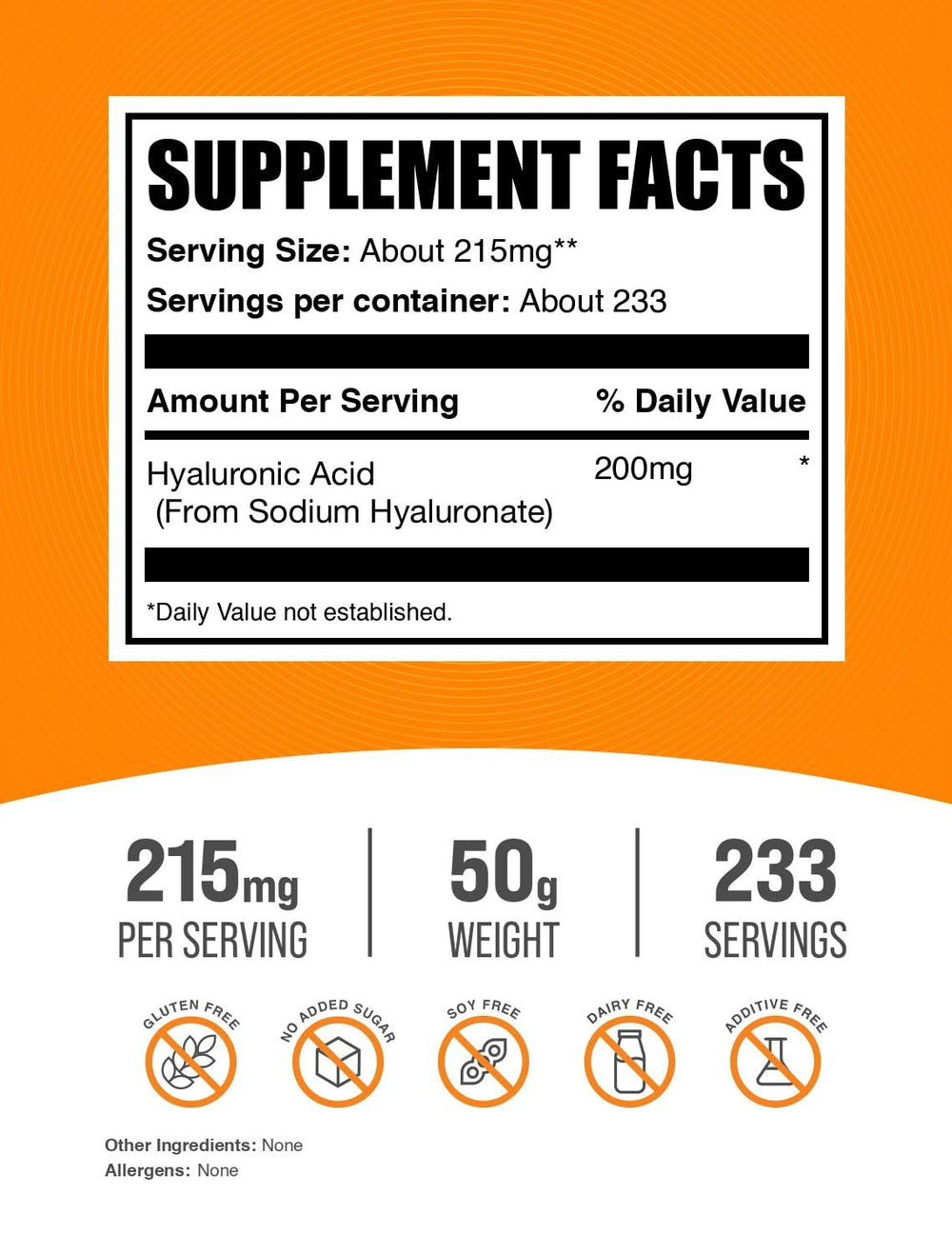 BulkSupplements Hyaluronic Acid Powder container front showing 50 g size for flexible daily dosing