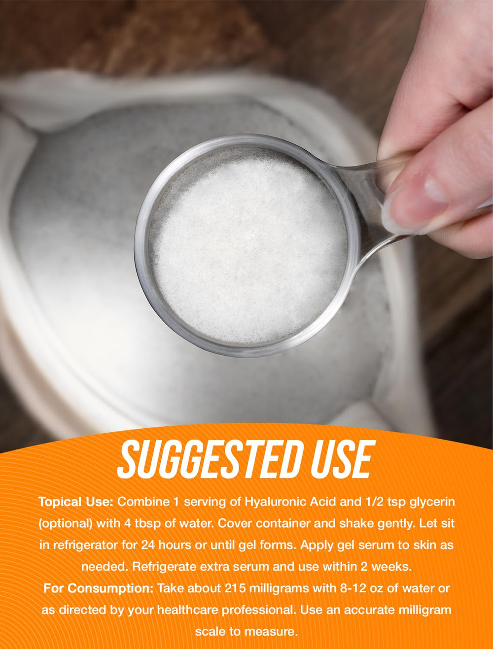 BulkSupplements Hyaluronic Acid Powder being stirred into water for quick incorporation