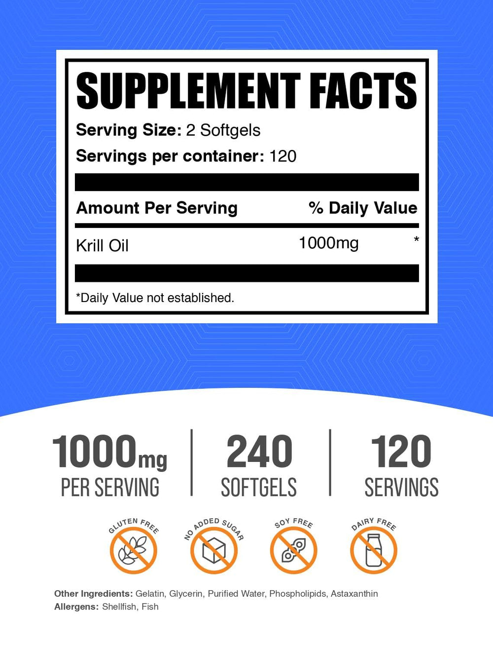 BulkSupplements Krill Oil 1000mg softgels serving panel shows two-softgel serving