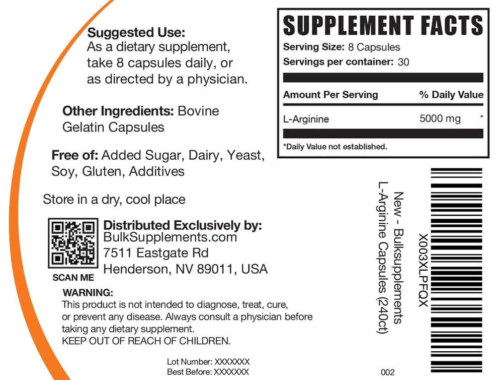 BulkSupplements L-Arginine capsules nutrition facts close-up highlights serving details.