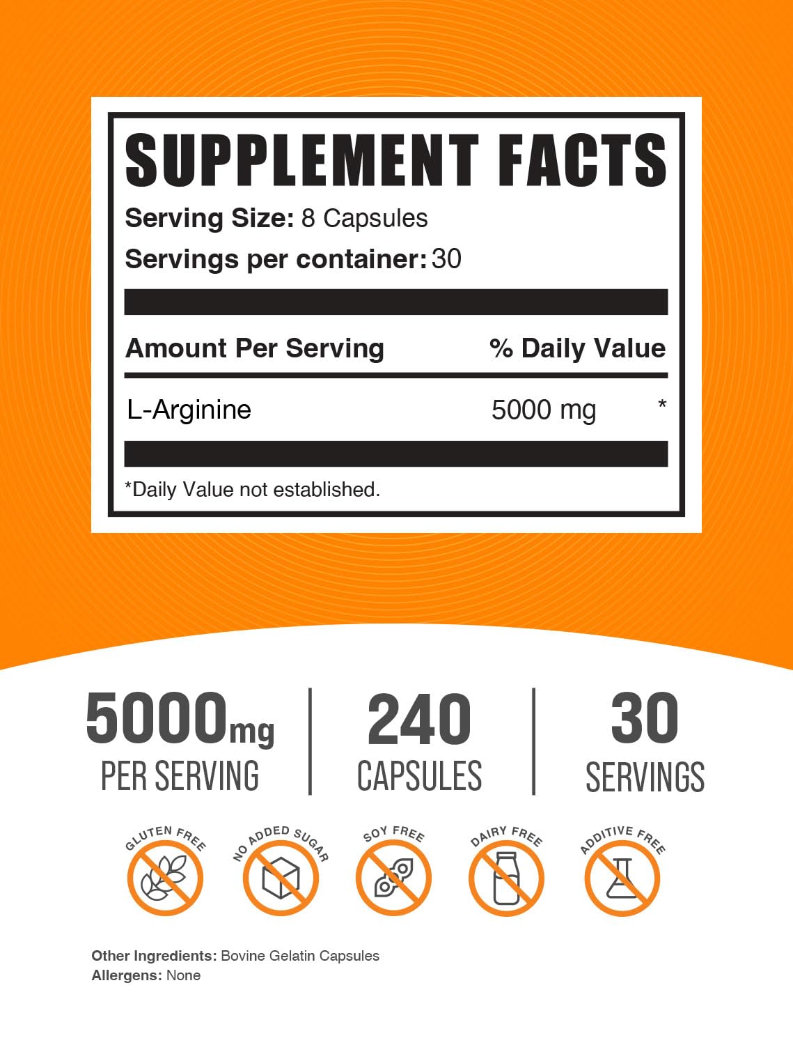 BulkSupplements L-Arginine capsules serving size image highlights 5000mg per serving for workouts.