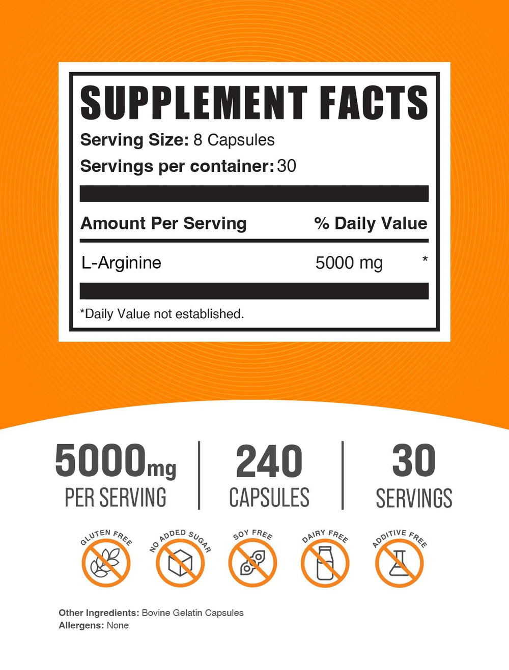 BulkSupplements L-Arginine capsules serving size image highlights 5000mg per serving for workouts.