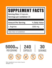 BulkSupplements L-Arginine capsules serving size image highlights 5000mg per serving for workouts.