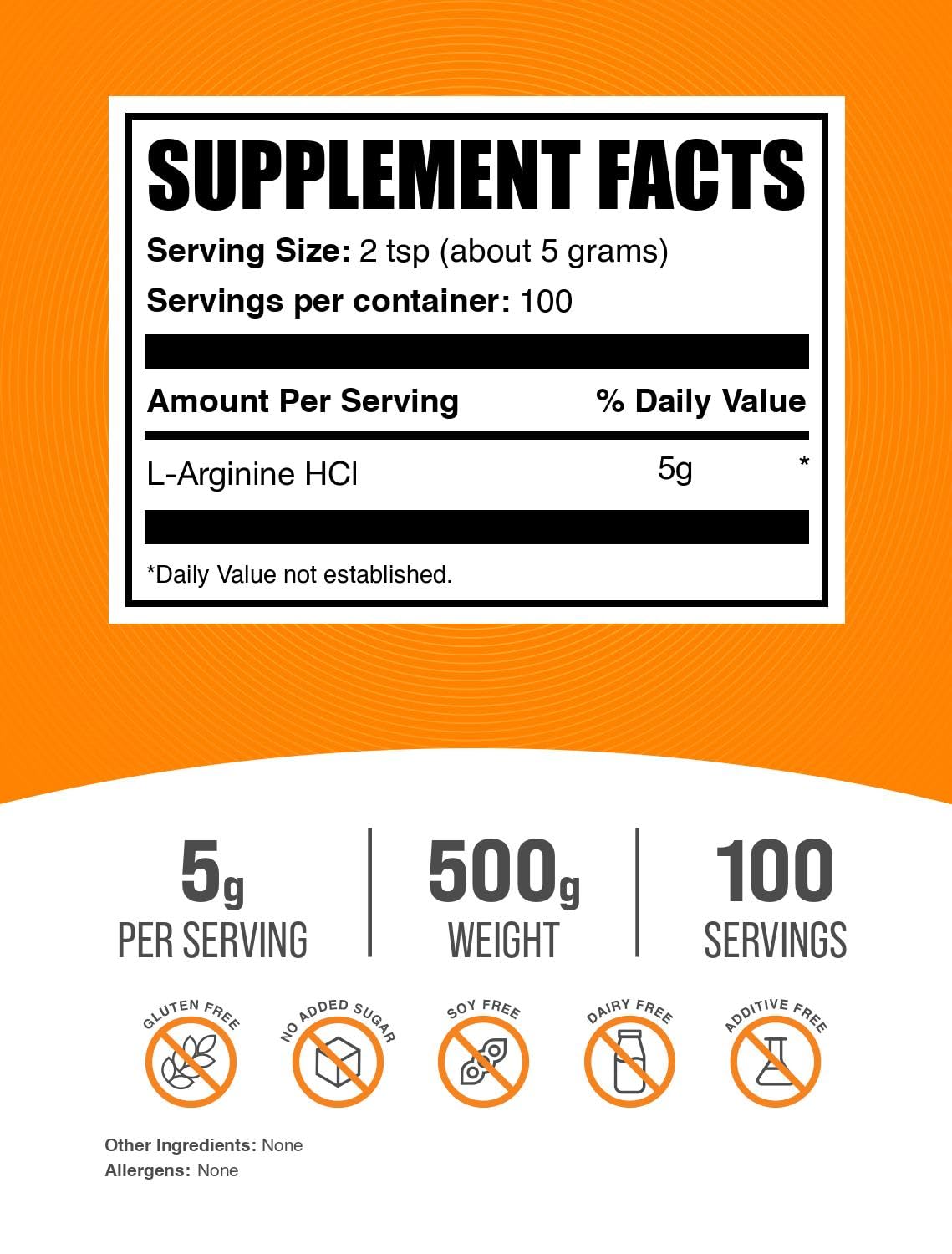 BulkSupplements L-Arginine HCl powder shows a 5 g serving for strength-focused use.