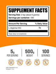 BulkSupplements L-Arginine HCl powder shows a 5 g serving for strength-focused use.