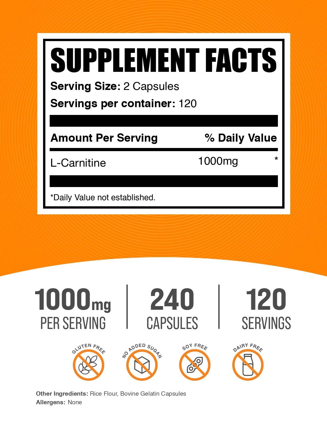BulkSupplements L-Carnitine 1000mg capsules serving shows two-capsule dose for easy tracking.