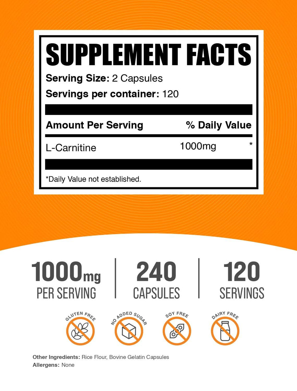BulkSupplements L-Carnitine 1000mg capsules serving shows two-capsule dose for easy tracking.