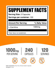 BulkSupplements L-Carnitine 1000mg capsules serving shows two-capsule dose for easy tracking.
