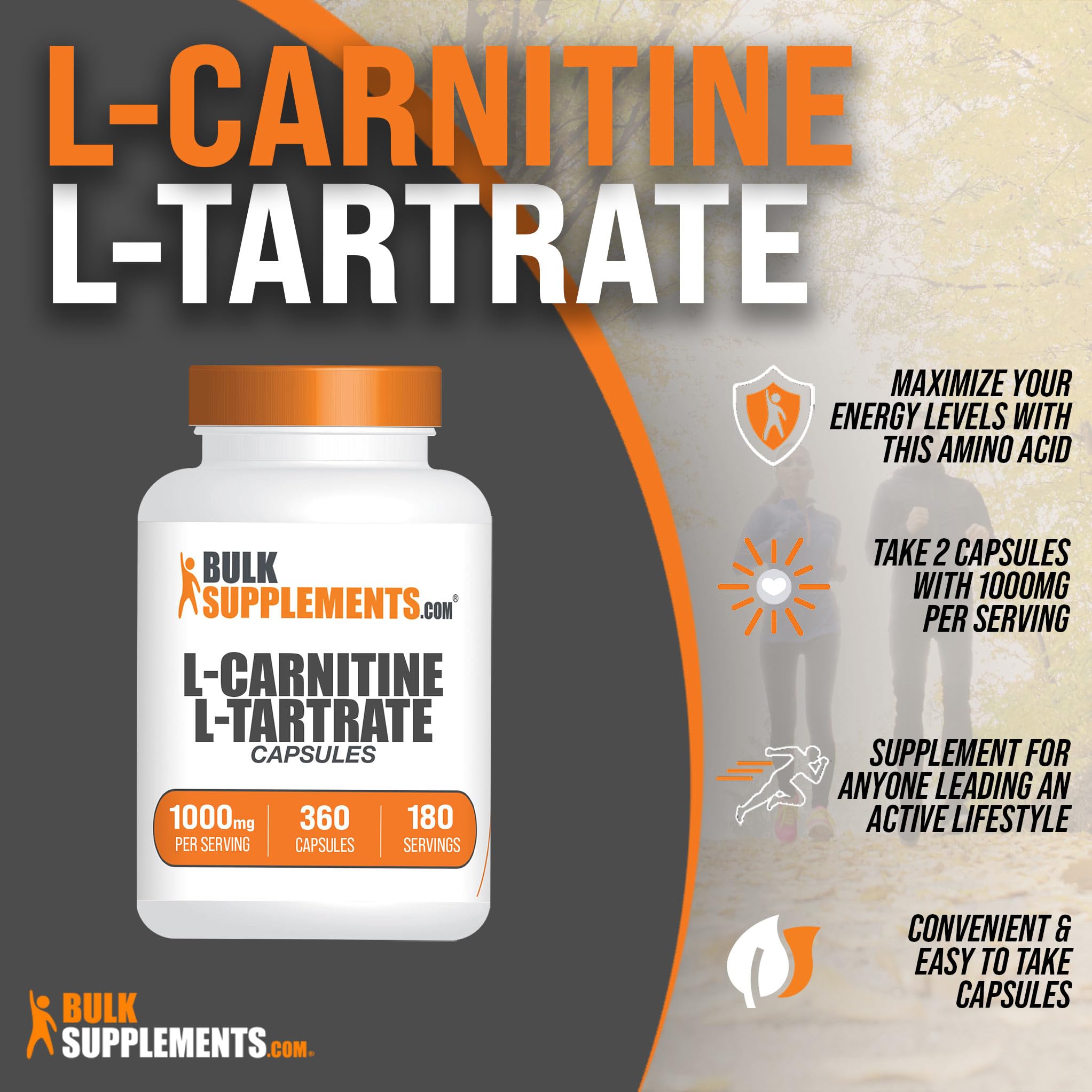 BulkSupplements L-Carnitine L-Tartrate capsules closeup highlights the 1000 mg per serving.