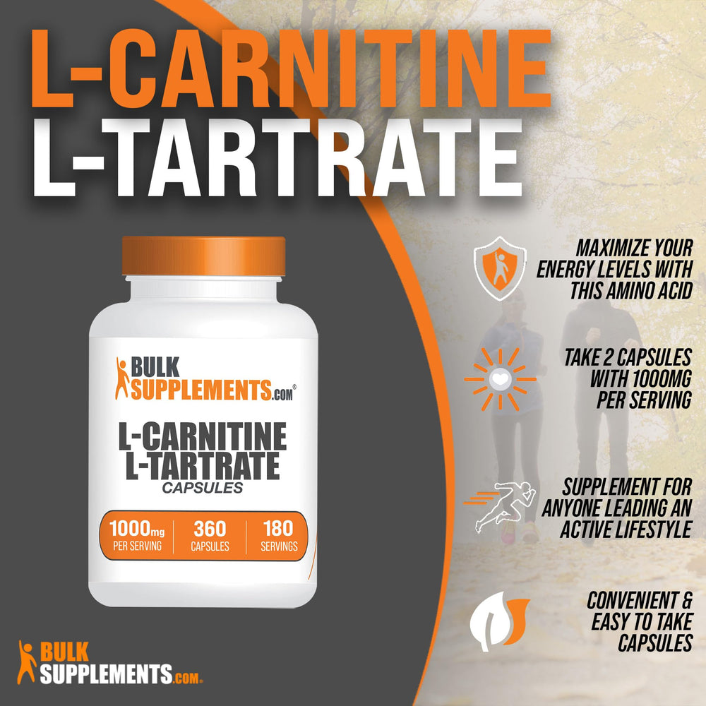 BulkSupplements L-Carnitine L-Tartrate capsules closeup highlights the 1000 mg per serving.