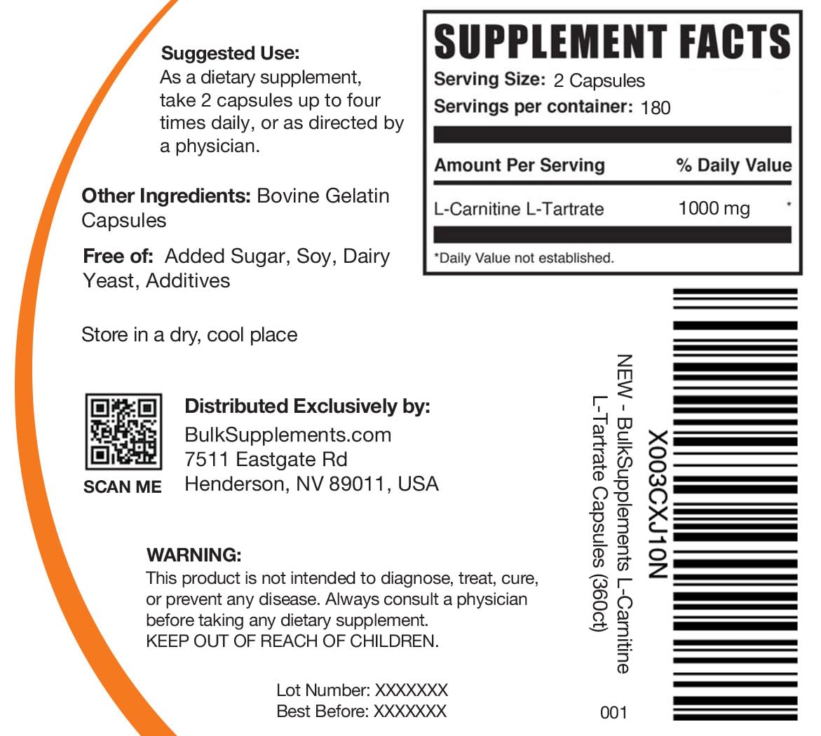 BulkSupplements L-Carnitine L-Tartrate capsules pour shows serving size for easy dosing.