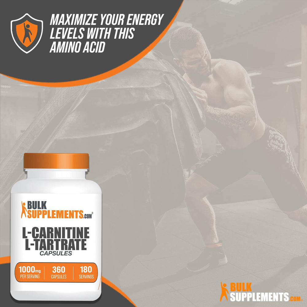 BulkSupplements L-Carnitine L-Tartrate capsules closeup for on-the-go support.