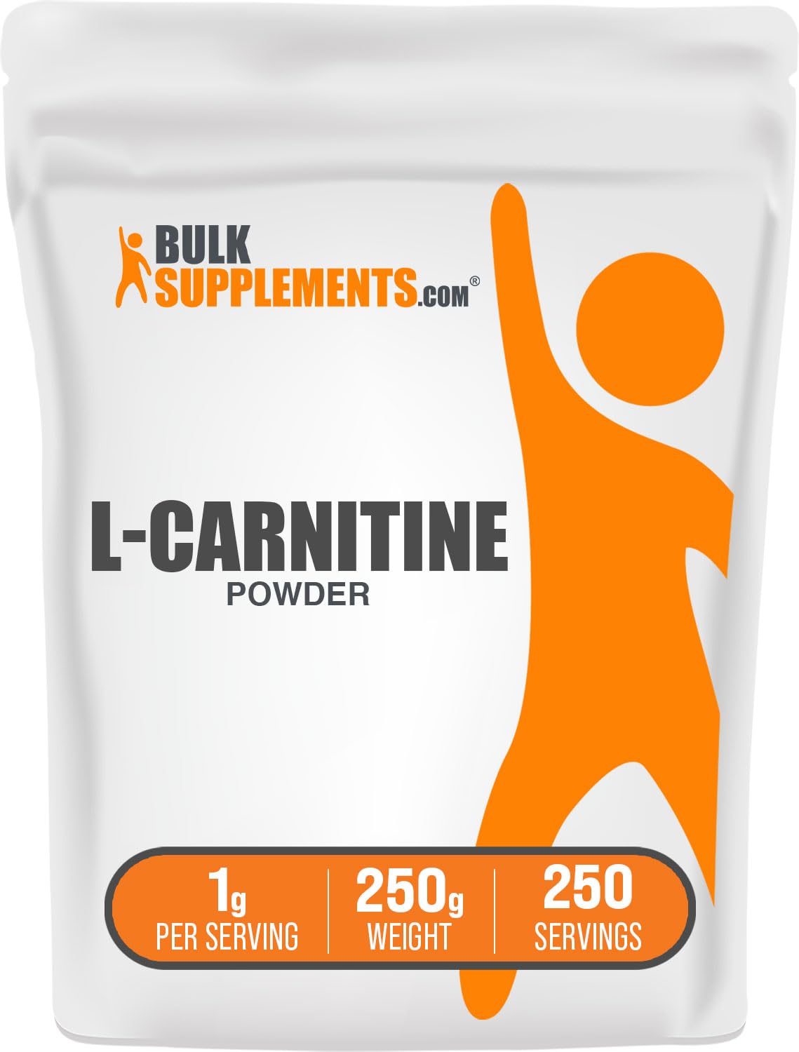 BulkSupplements L-Carnitine powder bottle – unflavored, easy to mix with water or shake.