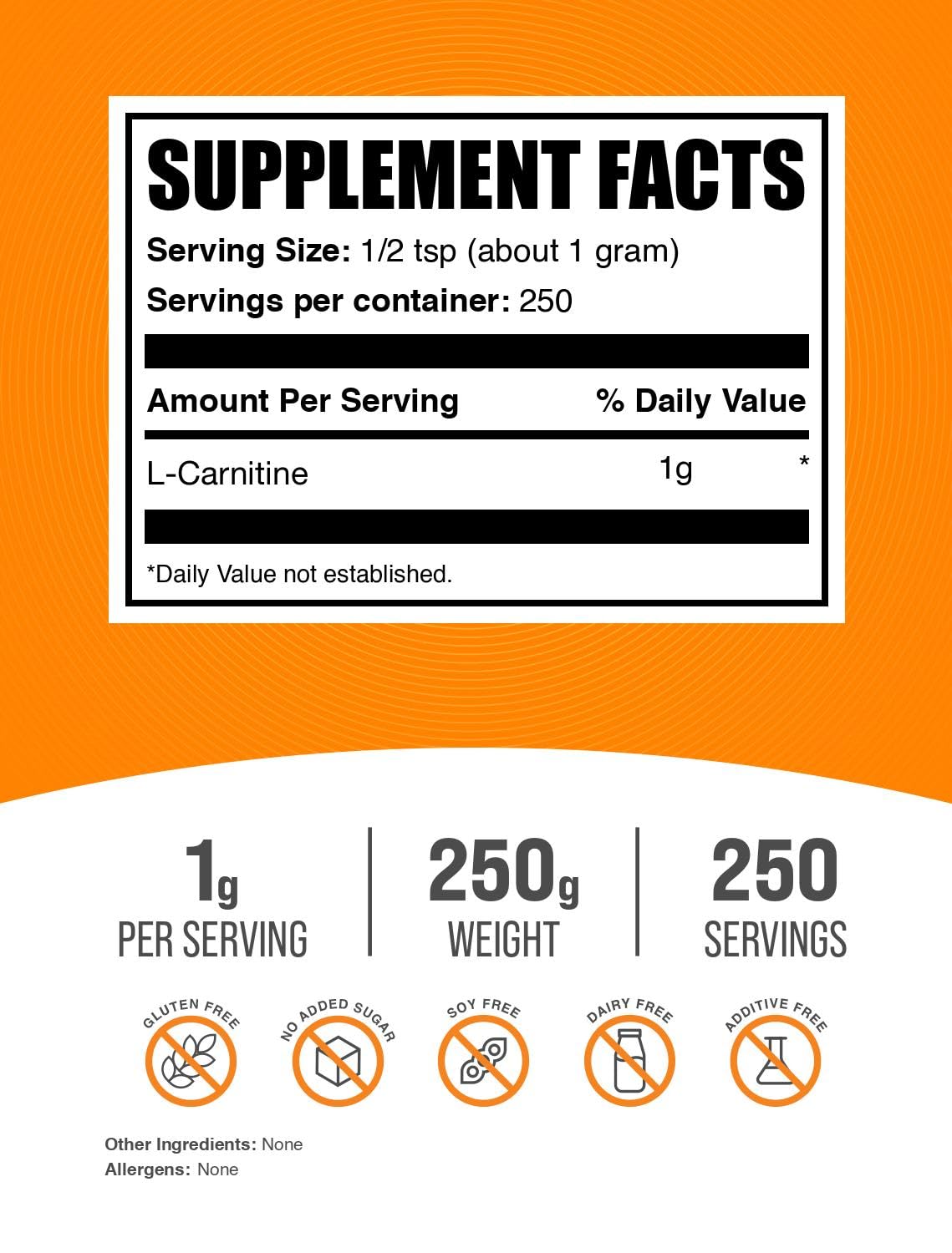 BulkSupplements L-Carnitine powder scoop – precise serving for daily use.