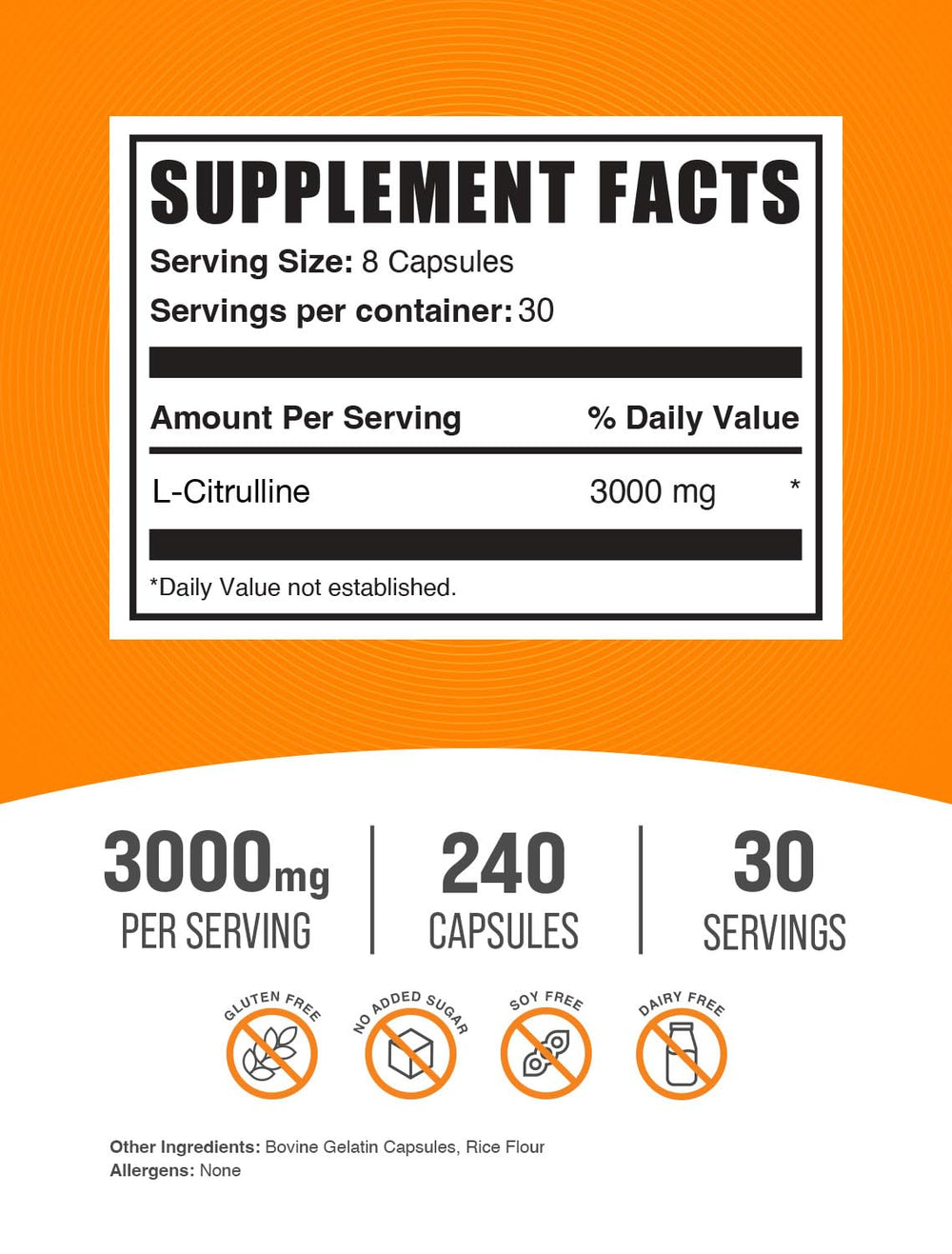 BulkSupplements L-Citrulline 3000mg label close-up highlighting dosage