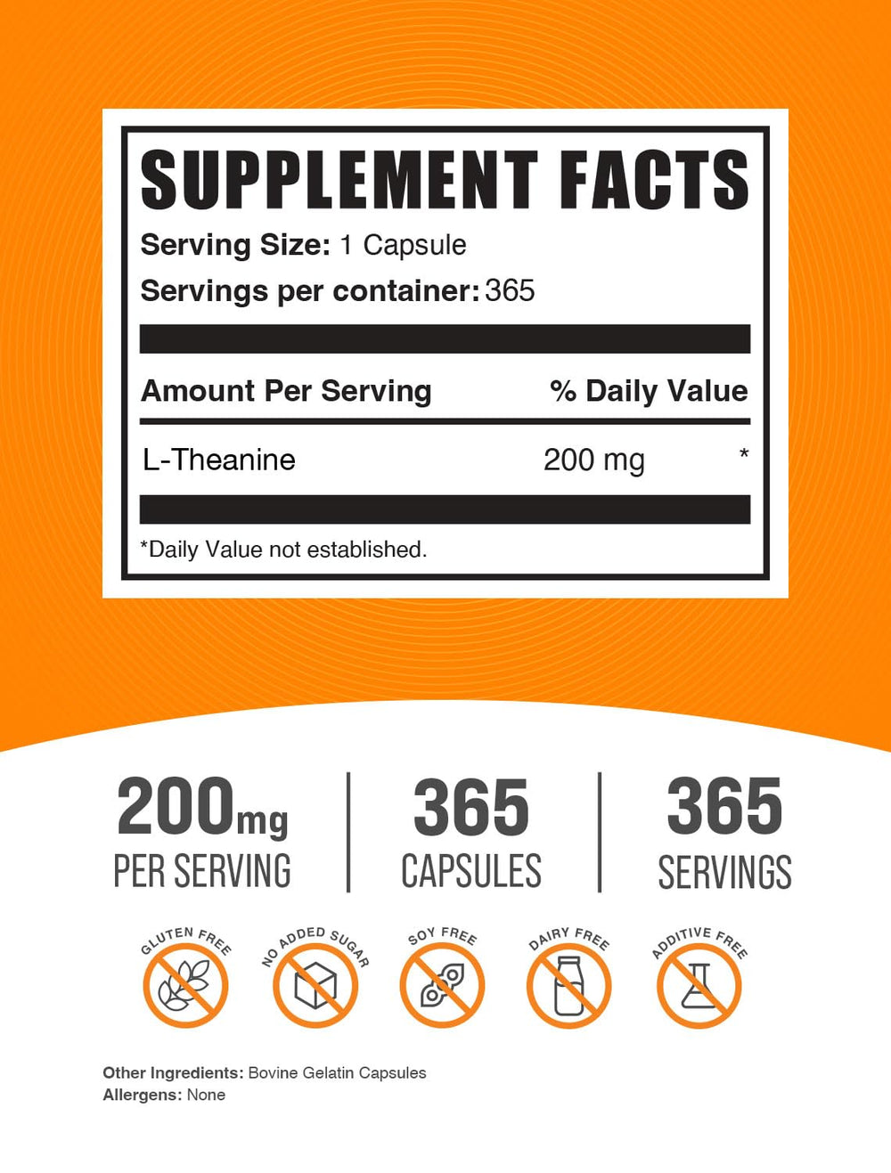 BulkSupplements L-Theanine capsules closeup showing 200mg servings