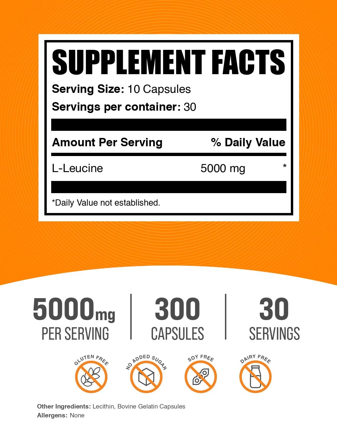 BulkSupplements L-Leucine capsules label highlights gluten-free and dairy-free.