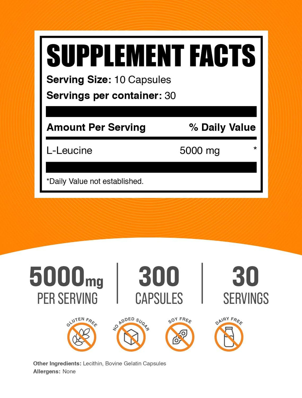 BulkSupplements L-Leucine capsules label highlights gluten-free and dairy-free.