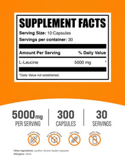 BulkSupplements L-Leucine capsules label highlights gluten-free and dairy-free.