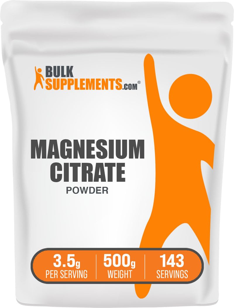 BulkSupplements Magnesium Citrate Powder jar, easy to measure for daily wellness.