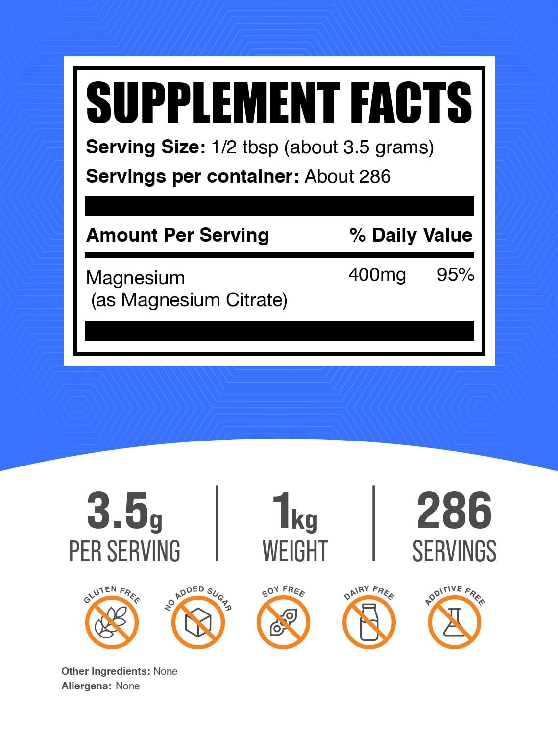 BulkSupplements Magnesium Citrate powder scoop showing precise 400mg serving.