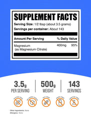 BulkSupplements Magnesium Citrate Powder with measuring spoon for precise serving.