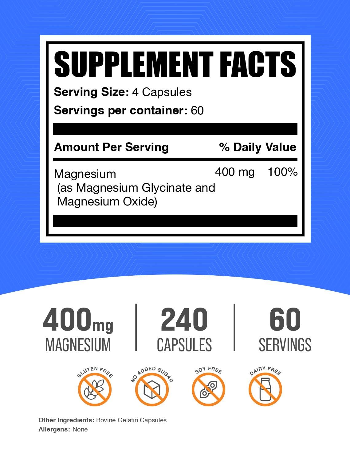 BulkSupplements magnesium glycinate capsules closeup of smooth, easy-to-swallow pills
