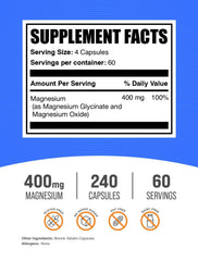 BulkSupplements magnesium glycinate capsules closeup of smooth, easy-to-swallow pills