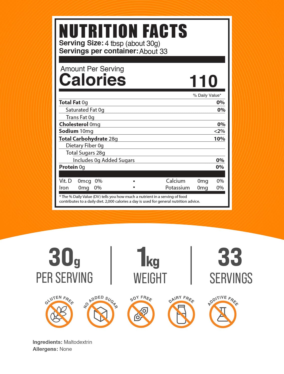 BulkSupplements Maltodextrin powder bag shows gluten-free, unflavored carbohydrate option.